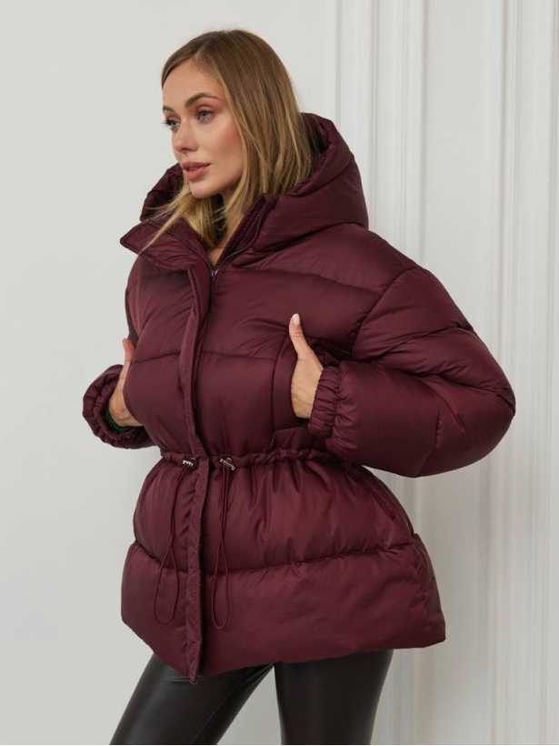 Burgundy winter down jacket with drawstring 