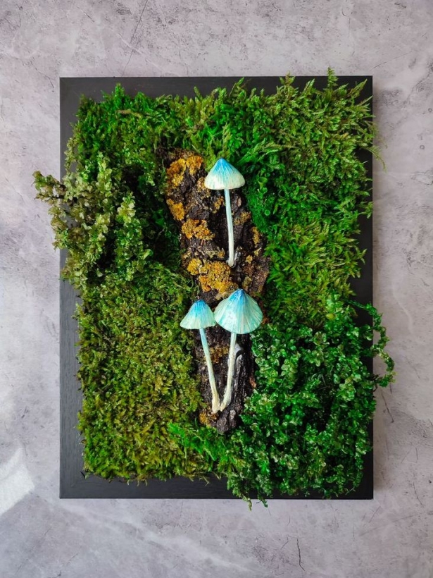 Phytopainting with stabilized moss and blue mushrooms, moss panel