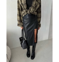 Leather midi skirt with lacing and slit 