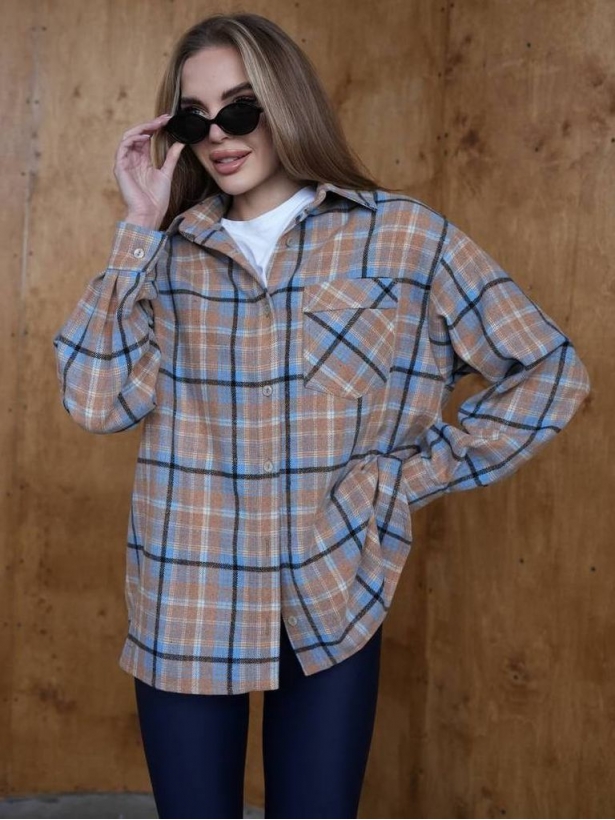 Beige blue flannel checkered shirt