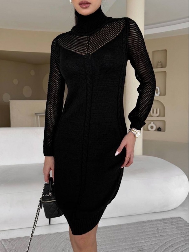 Cotton knitted dress with openwork sleeves and neckline