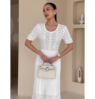 Knitted cotton openwork short sleeves midi dress