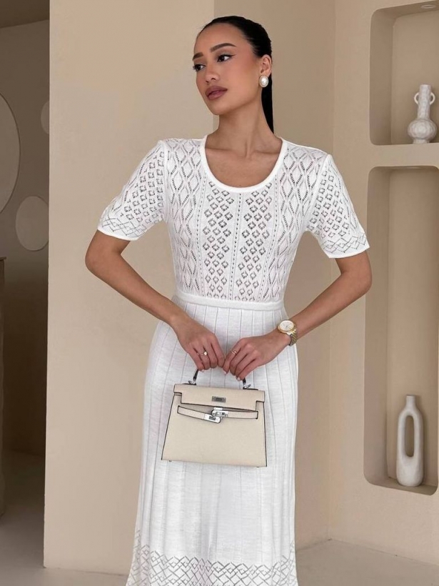 Knitted cotton openwork short sleeves midi dress