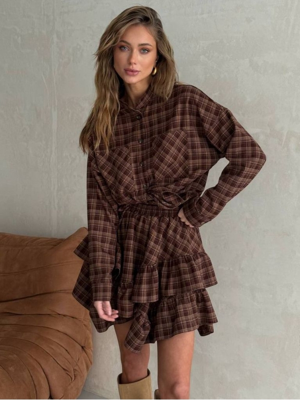 Boho style checkered shirt and skirt suit