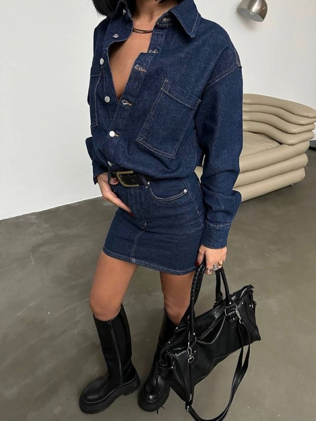 Navy blue long sleeves denim mini dress