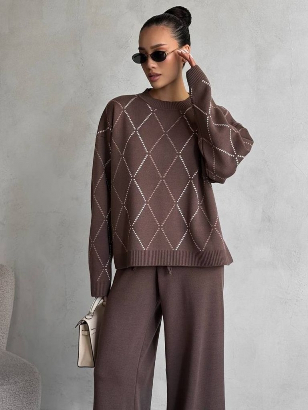 Wide trousers diamond sweater knit suit