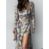 Long sleeve watercolor flowers cotton midi dress