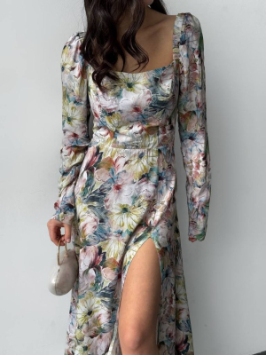 Бавовняна сукня міді з рукавом в акварельні квіти