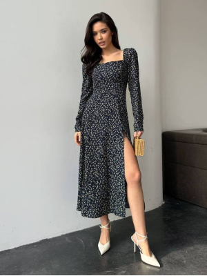 Бавовняна сукня міді з рукавом в дрібні квіти