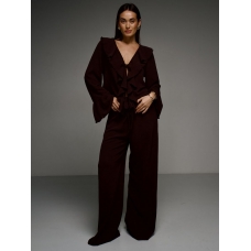Crepe flounces blouse wide trousers suit