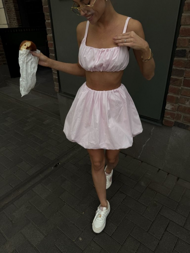 Pink cotton top and mini balloon skirt set