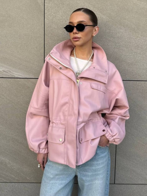 Шкіряна подовжена куртка бомбер з куліскою