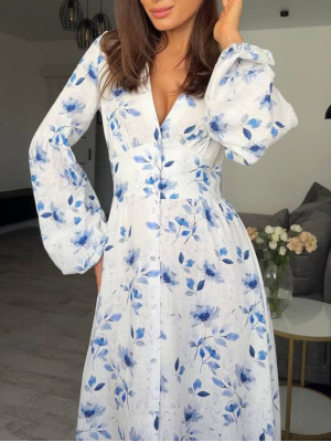 Біла льняна сукня міді з довгим рукавом у сині квіти
