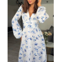 Біла льняна сукня міді з довгим рукавом у сині квіти