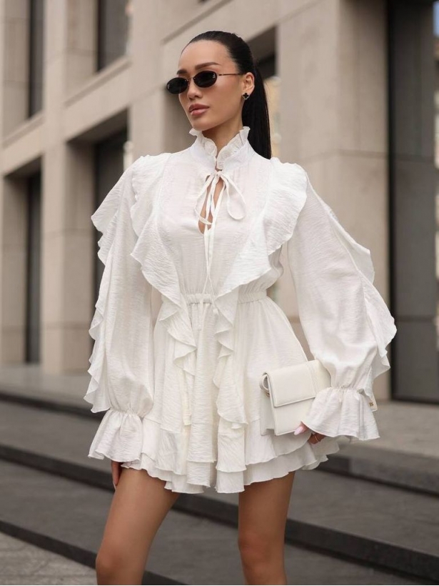 Ruffles puffed sleeves tencel mini dress