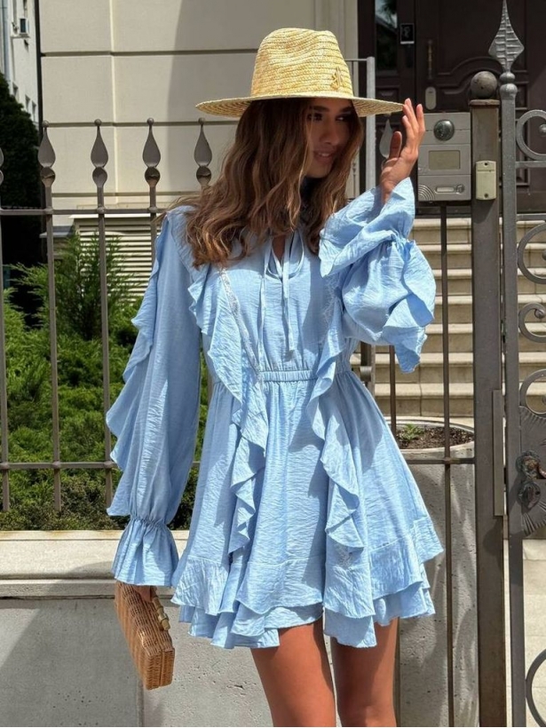 Ruffles puffed sleeves tencel mini dress