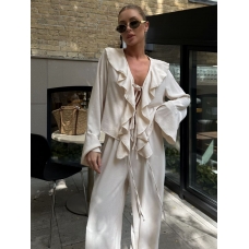 Milk crepe flounces blouse wide trousers suit