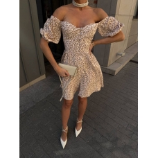 Beige cotton puff sleeves mini dress