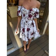 White cotton roses print puff sleeves mini dress