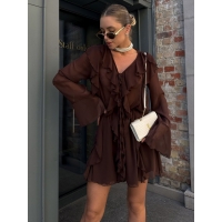 Chocolate chiffon ruffle long sleeves dress