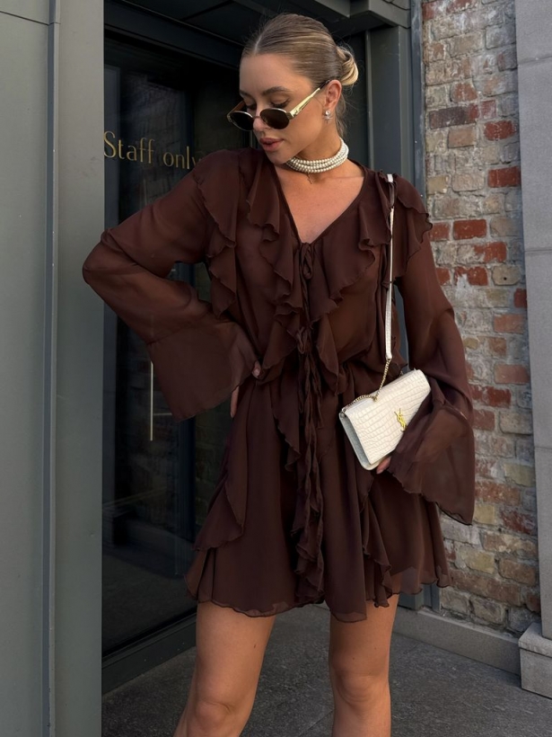 Chocolate chiffon ruffle long sleeves dress
