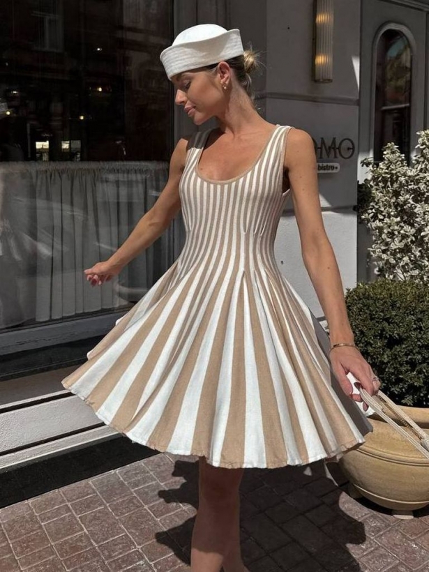 Cotton knitted wide straps striped mini dress