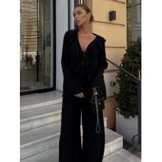 Black crepe blouse with flounces wide trousers suit 