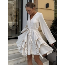 Beige short long sleeve dress with flounces