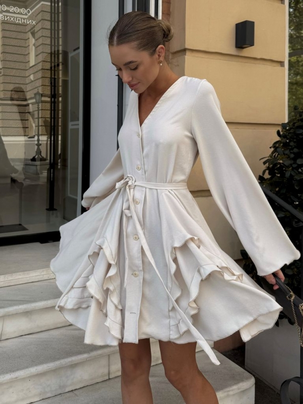 Beige short long sleeve dress with flounces