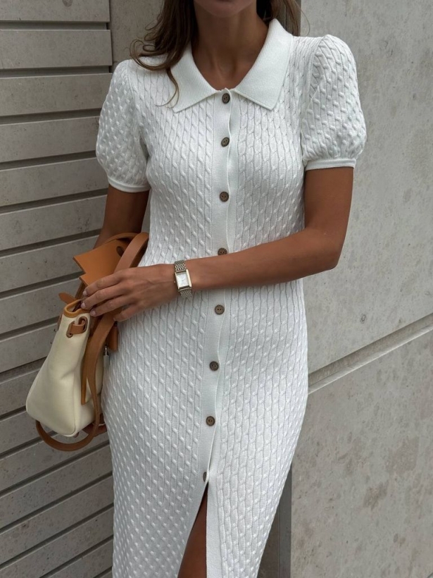 Knitted cotton short sleeves midi dress with buttons