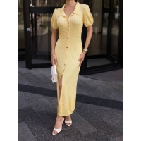 Knitted cotton short sleeves midi dress with buttons