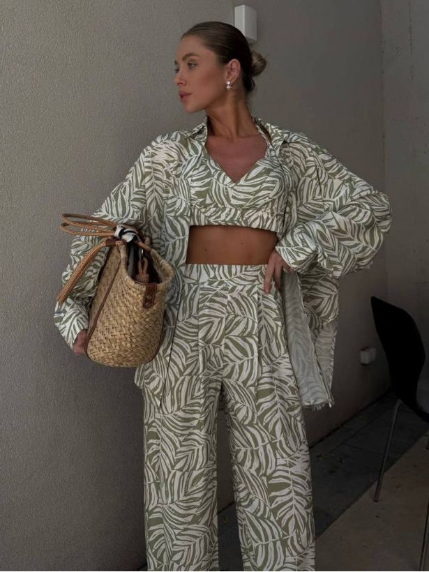 Viscose leaf print 3-in-1 trouser suit