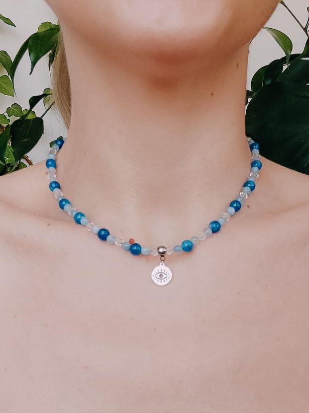 Aquamarine apatite blue choker with eye pendant