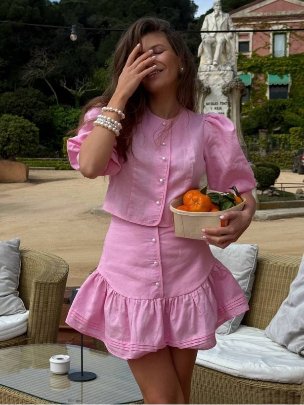 Linen short sleeves blazer mini skirt suit