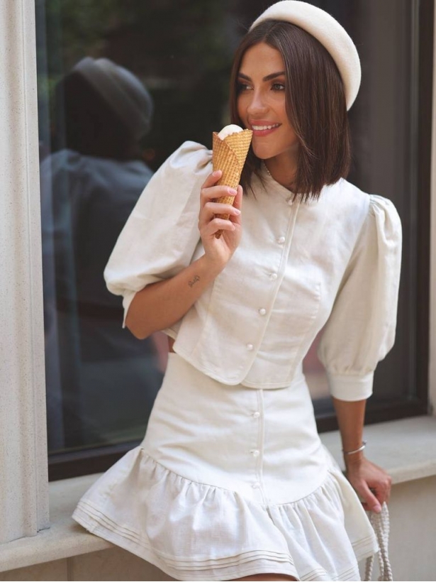 Linen short sleeves blazer mini skirt suit