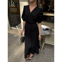 Black linen wrap midi dress 