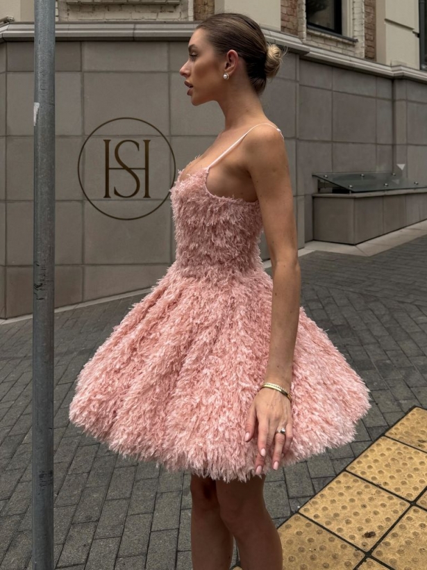 Pink feathers strappy mini dress