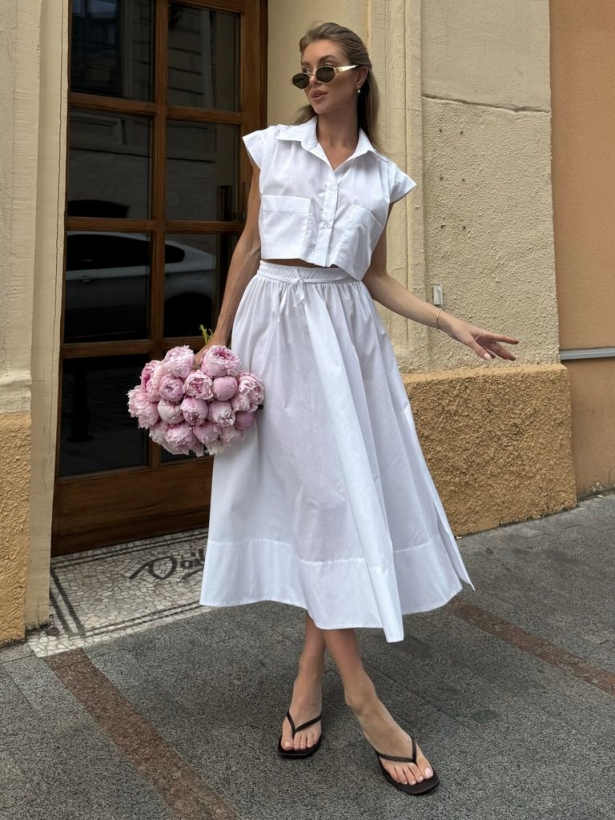 White cotton top midi skirt suit 