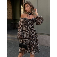 Silk leopard print off shoulders dress
