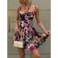 Blue bright flowers shorts jumpsuit with cups