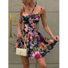 Blue bright flowers shorts jumpsuit with cups