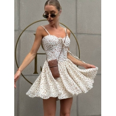 Milk white small flowers shorts jumpsuit with cups