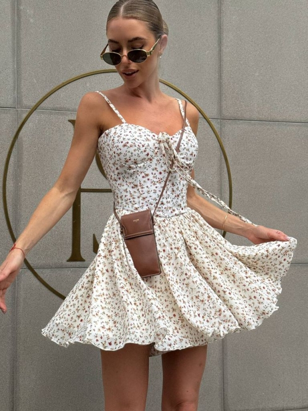 Milk white small flowers shorts jumpsuit with cups