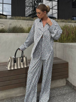 Шовковий брючний костюм 3в1 в геометричний принт