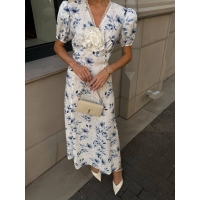Blue flowers linen maxi dress with voluminous flower