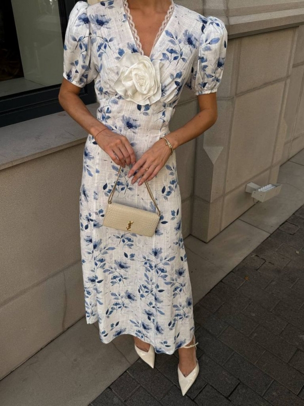 Blue flowers linen maxi dress with voluminous flower