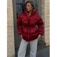 Winter cherry red jacket with drawstring at the waist 