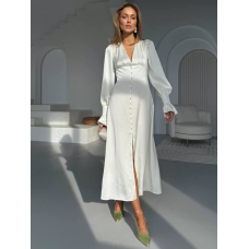 Елегантна сатинова сукня міді з довгим рукавом