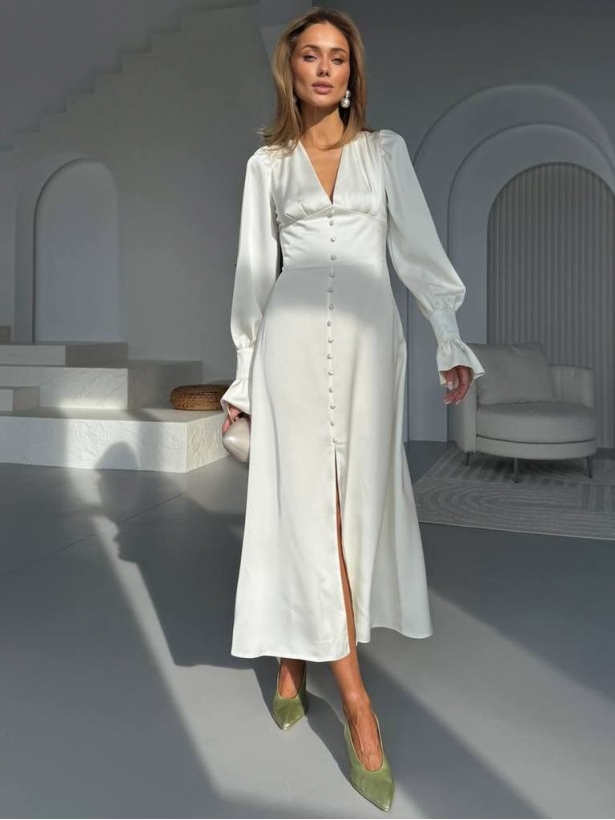 Elegant long sleeves satin midi dress