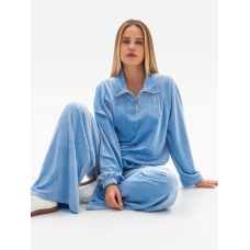 Blue velour suit with wide trousers